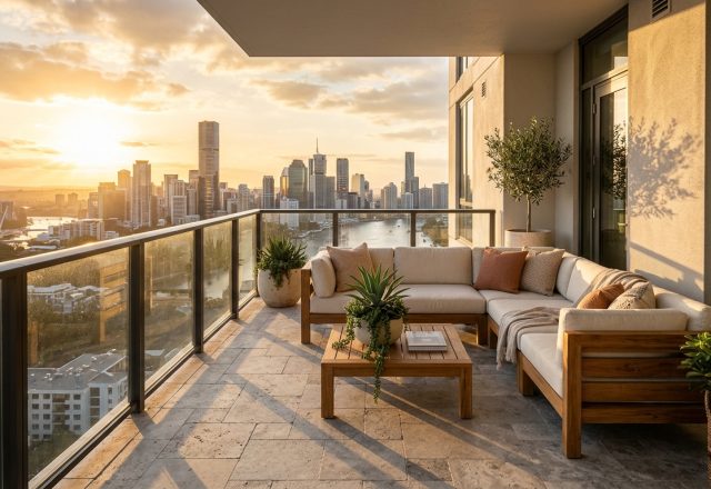 A wide-angle hero shot of a luxury high-rise balcony at dusk, featuring silver travertine flagstone flooring and a view of the city skyline.