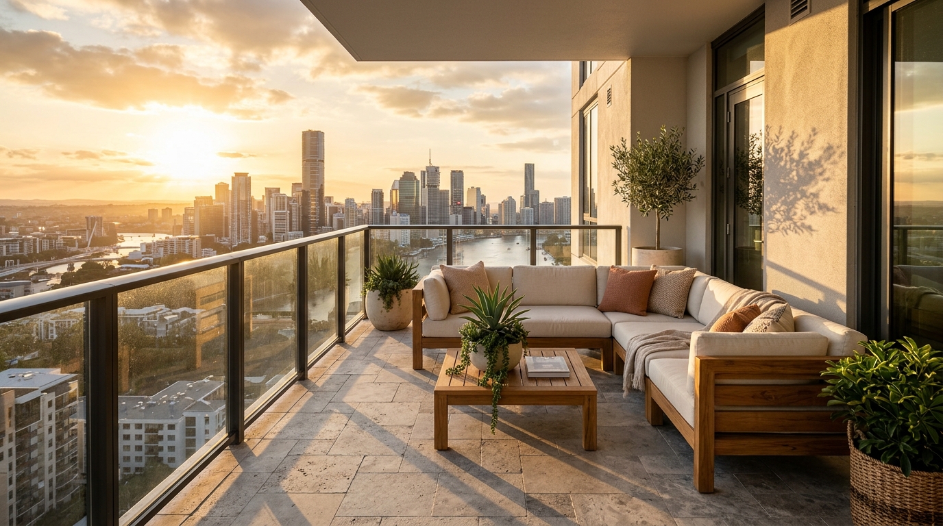 A wide-angle hero shot of a luxury high-rise balcony at dusk, featuring silver travertine flagstone flooring and a view of the city skyline. A wide-angle hero shot of a luxury high-rise balcony at dusk, featuring silver travertine flagstone flooring and a view of the city skyline.