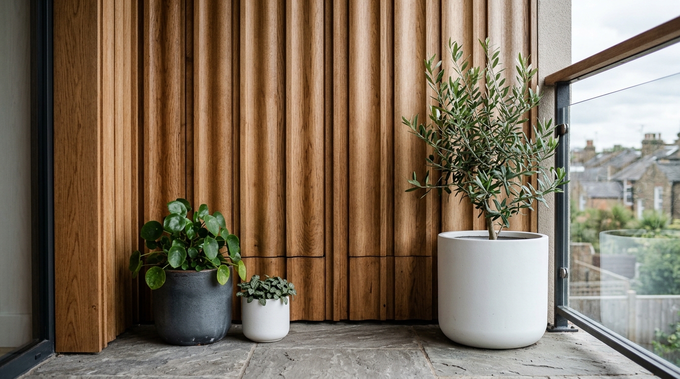 Detail of a fluted oak wall panel used as a backdrop for architectural ceramic planters on a high-rise patio. Detail of a fluted oak wall panel used as a backdrop for architectural ceramic planters on a high-rise patio.