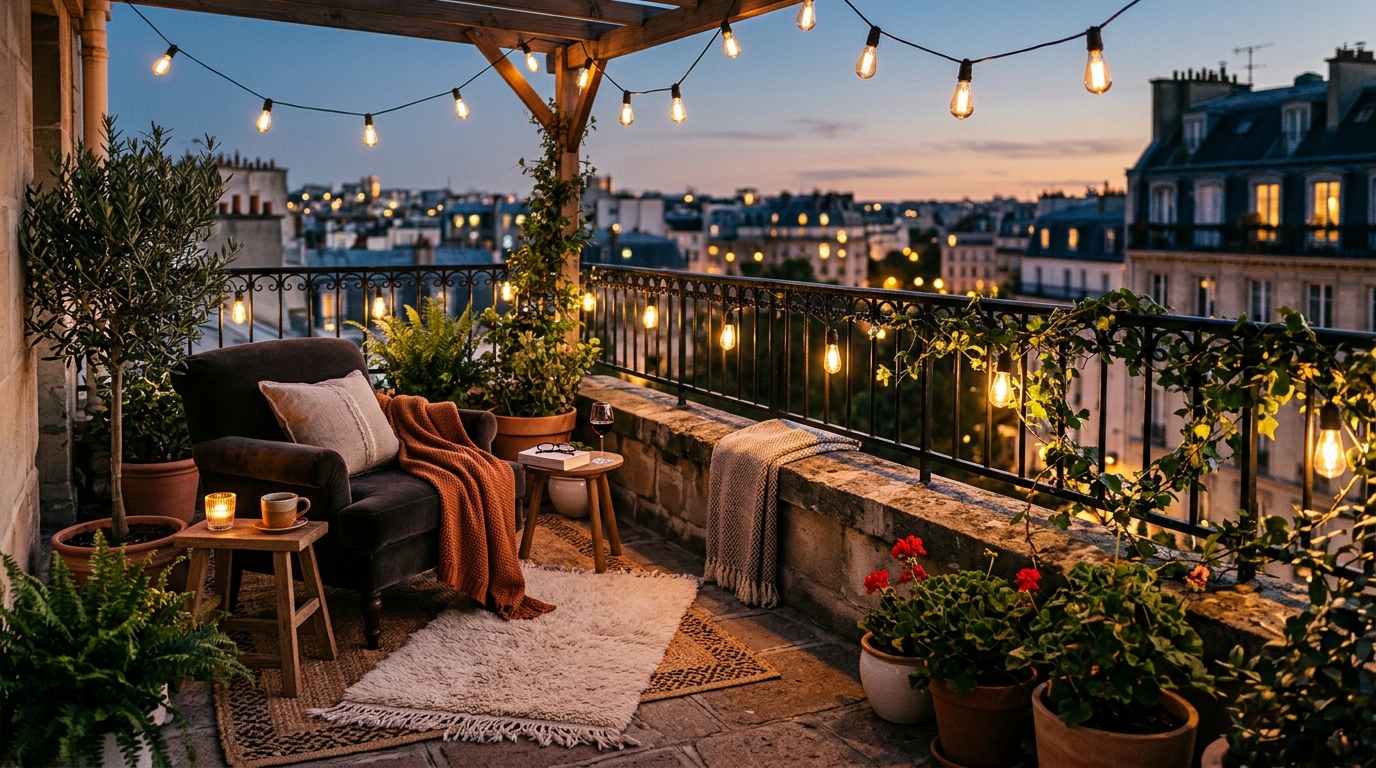 A cozy outdoor balcony featuring string lights with warm filament bulbs and a textured outdoor rug over stone tiles. A cozy outdoor balcony featuring string lights with warm filament bulbs and a textured outdoor rug over stone tiles.