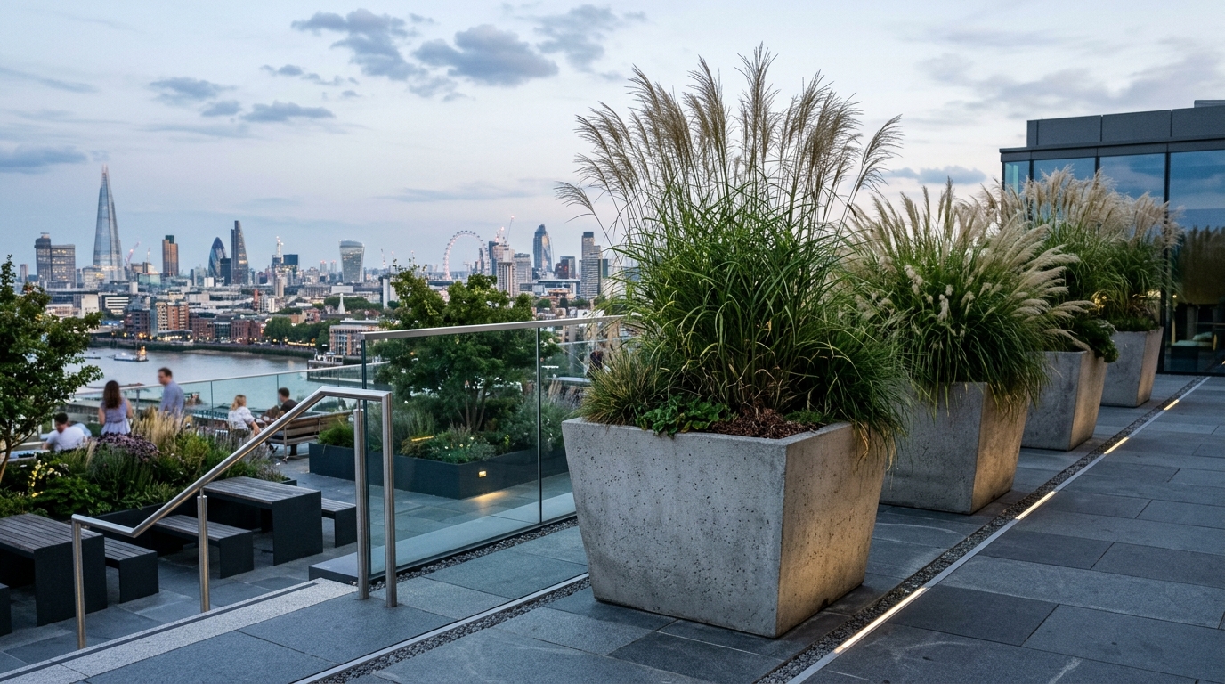 Minimalist urban patio landscaping showing a trio of concrete planters with varying heights and architectural grasses. Minimalist urban patio landscaping showing a trio of concrete planters with varying heights and architectural grasses.