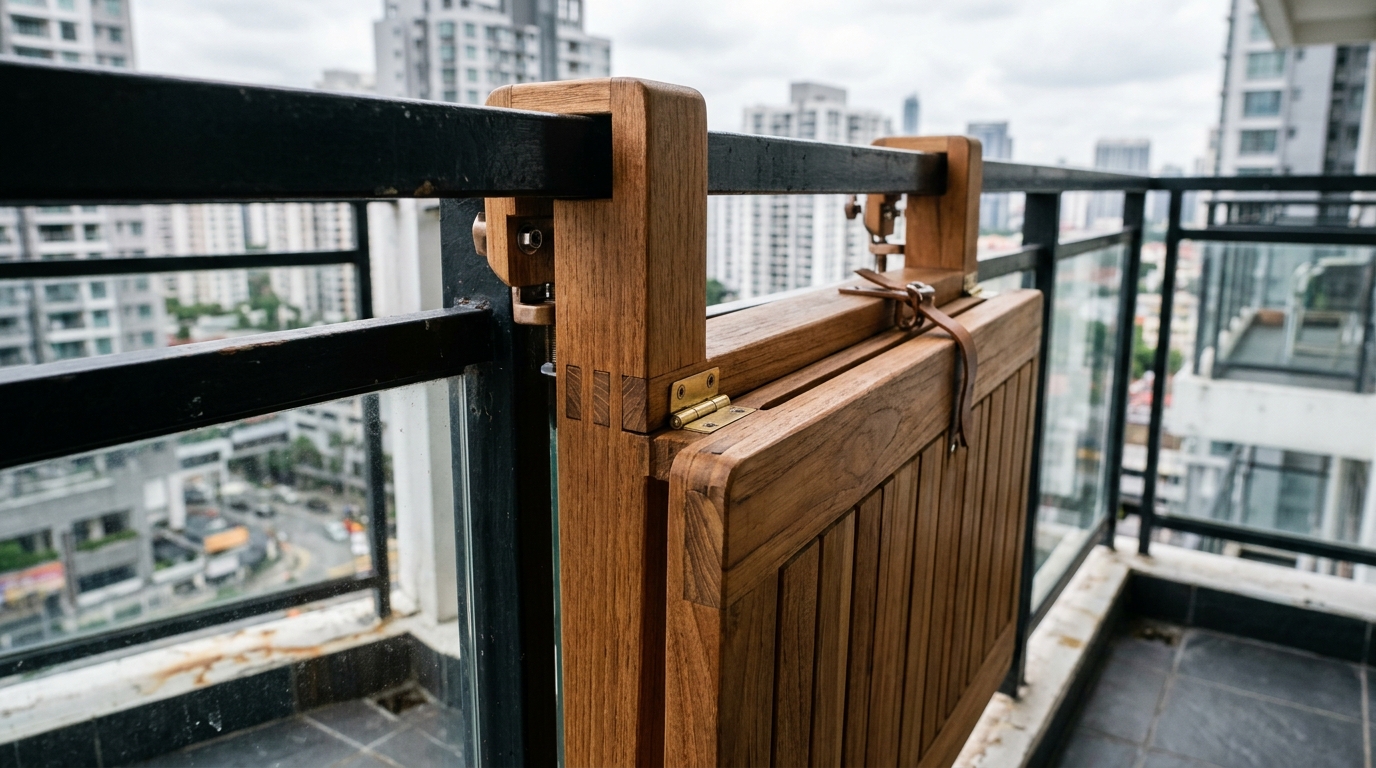 A custom fold-away balcony desk made of Burmese teak, designed for small space functionality and outdoor working. A custom fold-away balcony desk made of Burmese teak, designed for small space functionality and outdoor working.