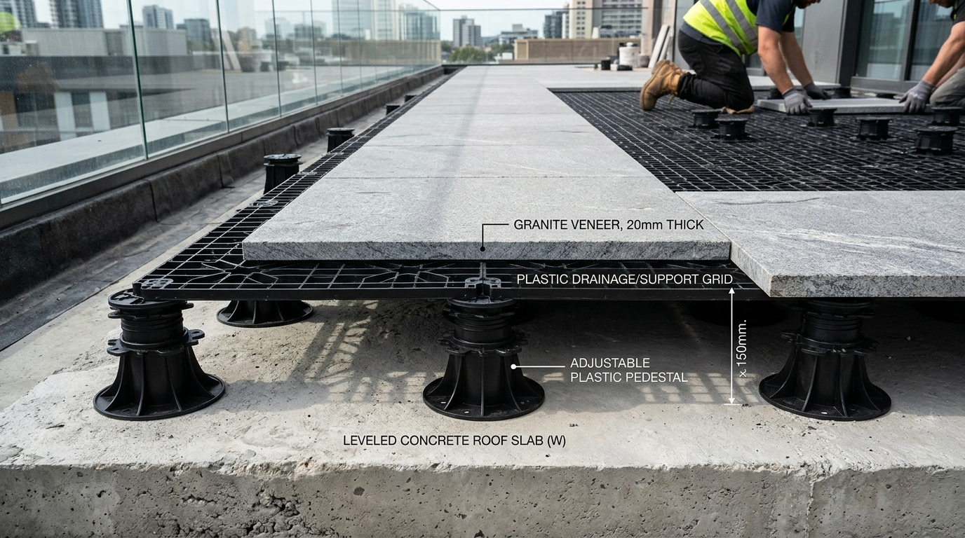 Modern flagstone balcony floor installation showing the lightweight interlocking base system for high-rise drainage. Modern flagstone balcony floor installation showing the lightweight interlocking base system for high-rise drainage.