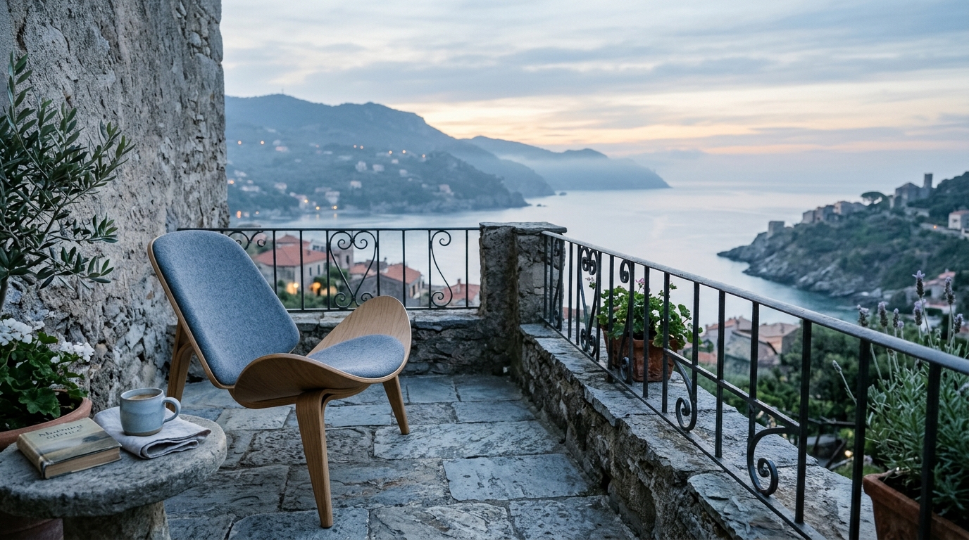 A serene morning scene on a balcony with a single designer lounge chair and a small stone side table for coffee. A serene morning scene on a balcony with a single designer lounge chair and a small stone side table for coffee.