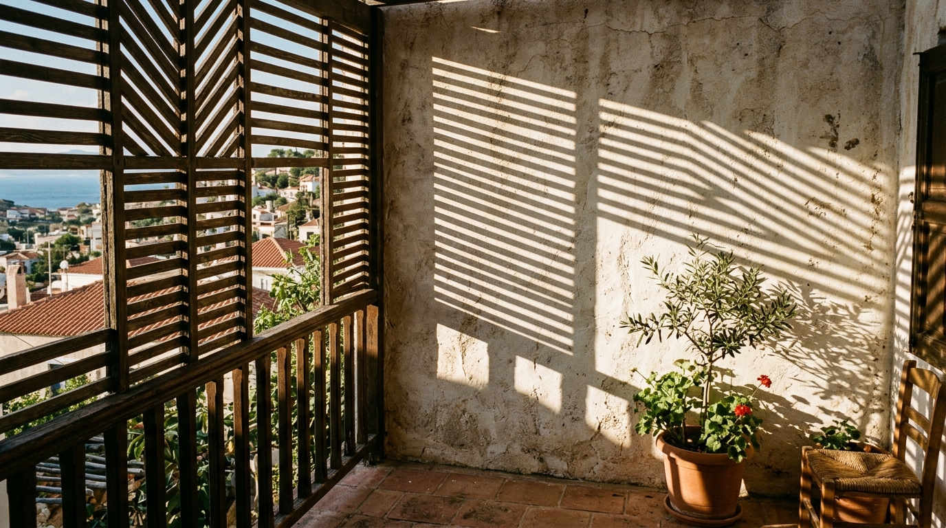 Shadow play on a limewash-finished balcony wall created by a vertical trellis and afternoon sun. Shadow play on a limewash-finished balcony wall created by a vertical trellis and afternoon sun.