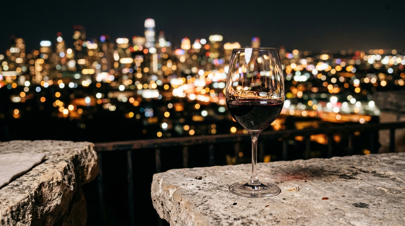 Soft-focus shot of a glass of wine on a 18-inch reach coffee table with city lights blurred in the background. Soft-focus shot of a glass of wine on a 18-inch reach coffee table with city lights blurred in the background.