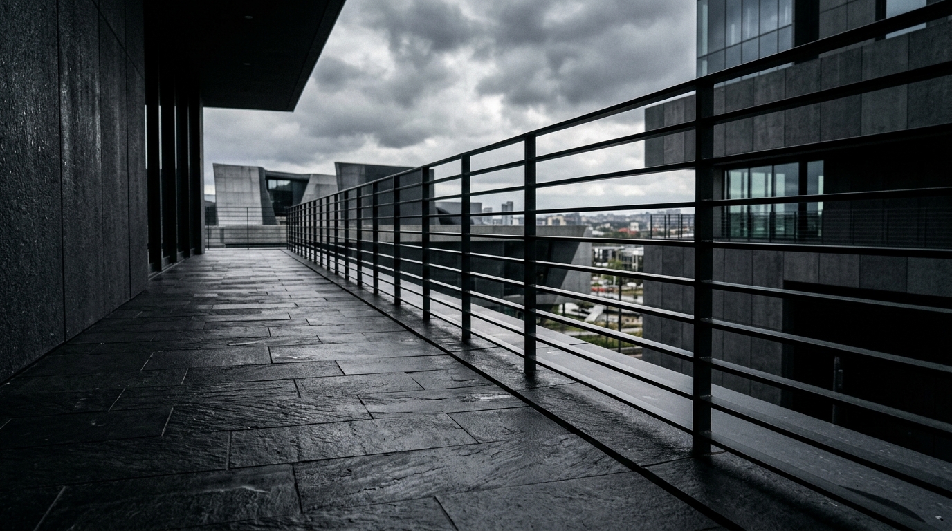 High-contrast architectural shot of a basalt stone floor meeting a black powder-coated balcony railing. High-contrast architectural shot of a basalt stone floor meeting a black powder-coated balcony railing.