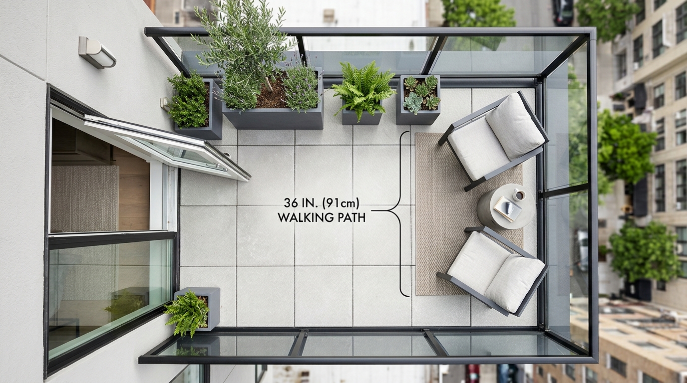Architectural floor-plan perspective of a small balcony showing a clear 36-inch walking path and modular furniture placement. Architectural floor-plan perspective of a small balcony showing a clear 36-inch walking path and modular furniture placement.