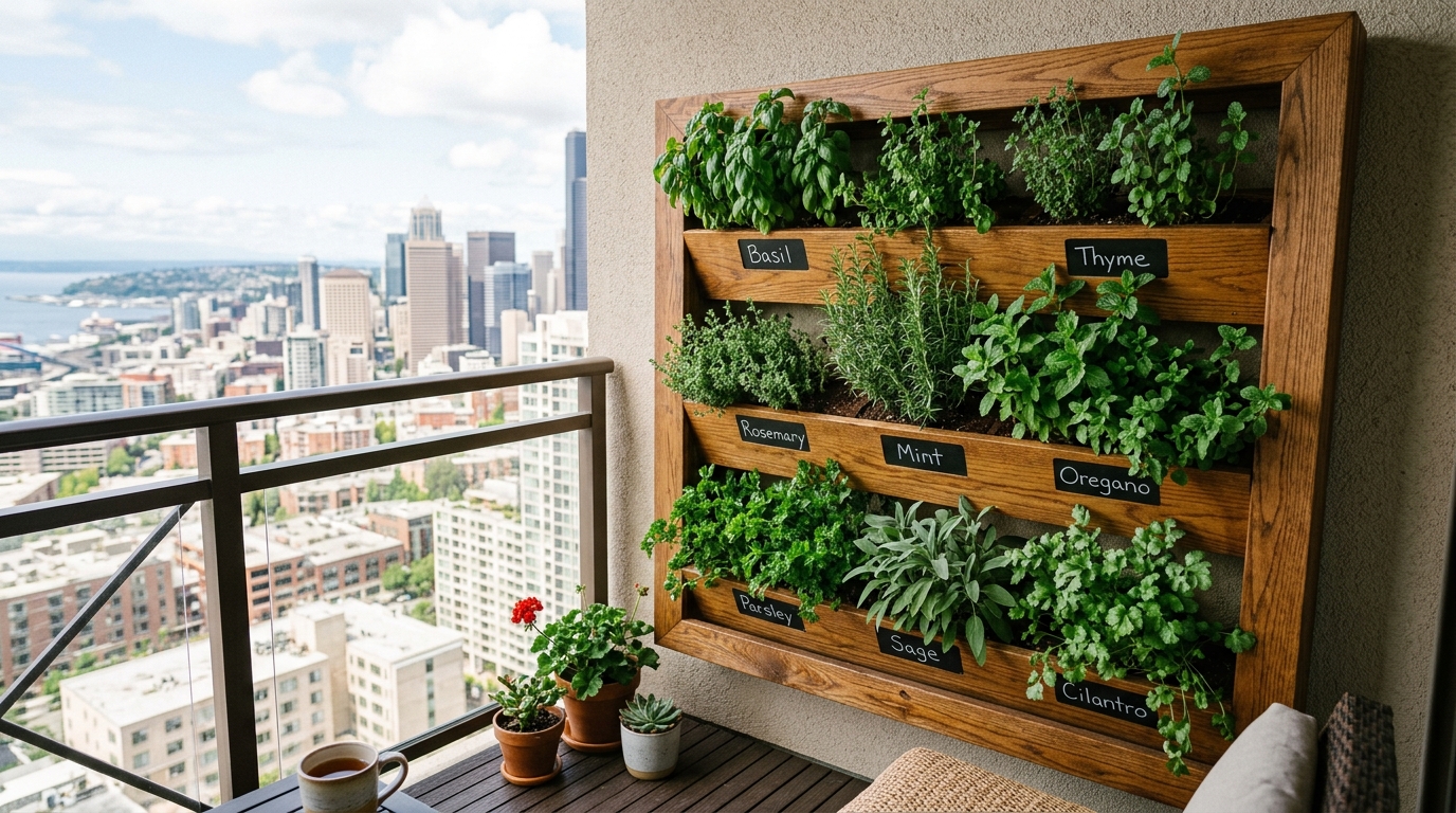 A lush herb garden installed on a vertical wall system, perfect for small apartment balcony ideas and urban cooking. A lush herb garden installed on a vertical wall system, perfect for small apartment balcony ideas and urban cooking.