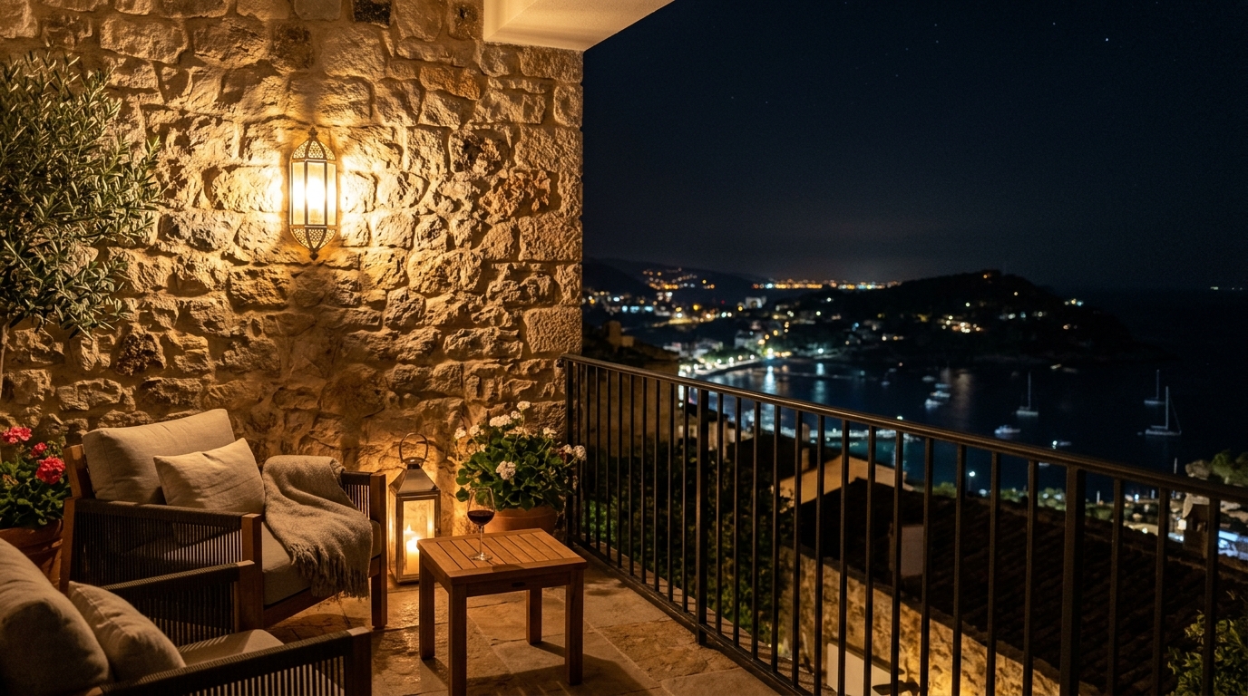 Warm 2700K wall sconce casting a soft glow over a textured flagstone patio in a high-rise setting. Warm 2700K wall sconce casting a soft glow over a textured flagstone patio in a high-rise setting.