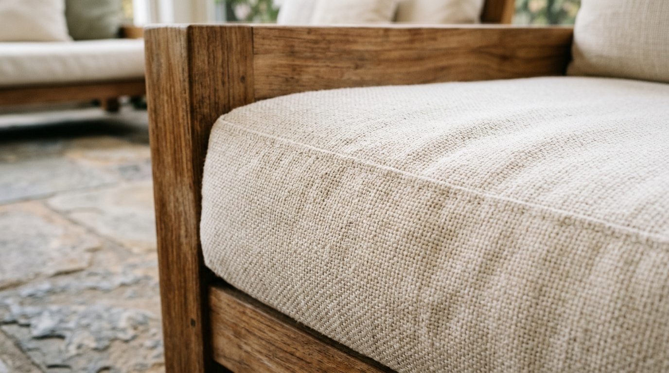Close-up of weather-resistant cushions in a neutral 'Swiss Coffee' palette on a modular outdoor sectional. Close-up of weather-resistant cushions in a neutral 'Swiss Coffee' palette on a modular outdoor sectional.