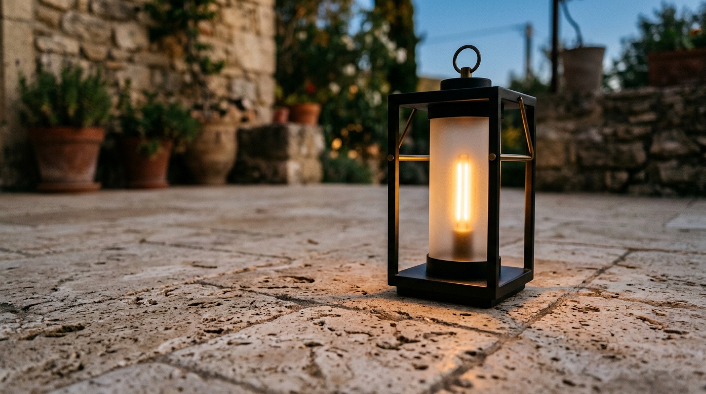 Portable rechargeable LED lamp on a stone floor, demonstrating modern apartment patio decor lighting. Portable rechargeable LED lamp on a stone floor, demonstrating modern apartment patio decor lighting.