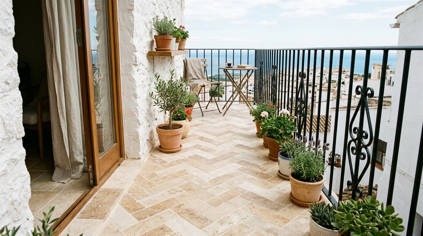 Interlocking travertine tiles arranged in a herringbone pattern to add visual interest to a small space. Interlocking travertine tiles arranged in a herringbone pattern to add visual interest to a small space.
