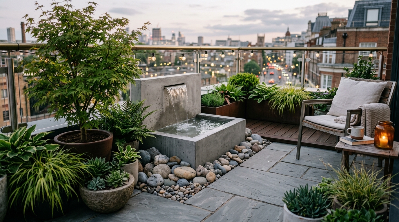 A minimalist balcony water feature made of cast concrete, surrounded by smooth river stones and flagstone. A minimalist balcony water feature made of cast concrete, surrounded by smooth river stones and flagstone.