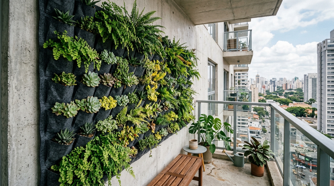Vertical garden layout using modular felt pockets for a lush green wall in a high-rise environment. Vertical garden layout using modular felt pockets for a lush green wall in a high-rise environment.