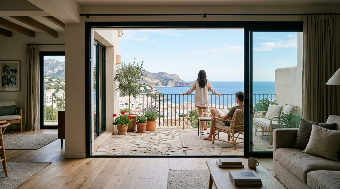Reflective glass sliding doors showing the seamless transition from interior living to stone-paved balcony. Reflective glass sliding doors showing the seamless transition from interior living to stone-paved balcony.