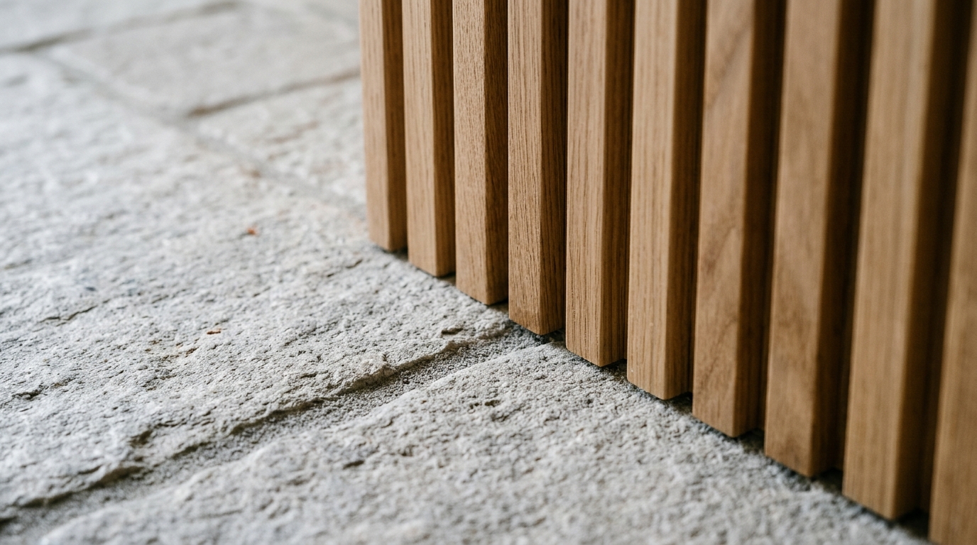 Macro detail shot of honed travertine pavers meeting a fluted white oak vertical garden wall with soft morning sunlight. Macro detail shot of honed travertine pavers meeting a fluted white oak vertical garden wall with soft morning sunlight.
