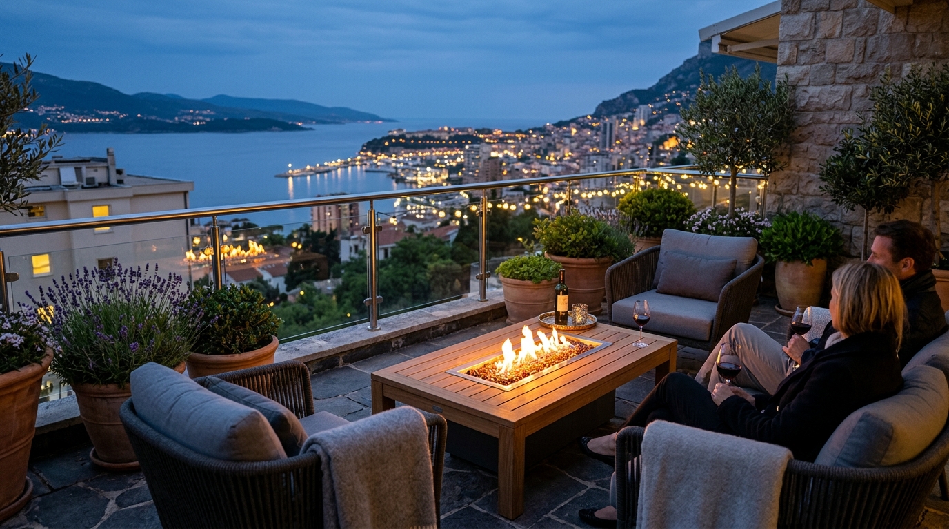 A twilight view of a cozy balcony with a fire pit table and plush seating, highlighting evening atmospheric curation. A twilight view of a cozy balcony with a fire pit table and plush seating, highlighting evening atmospheric curation.
