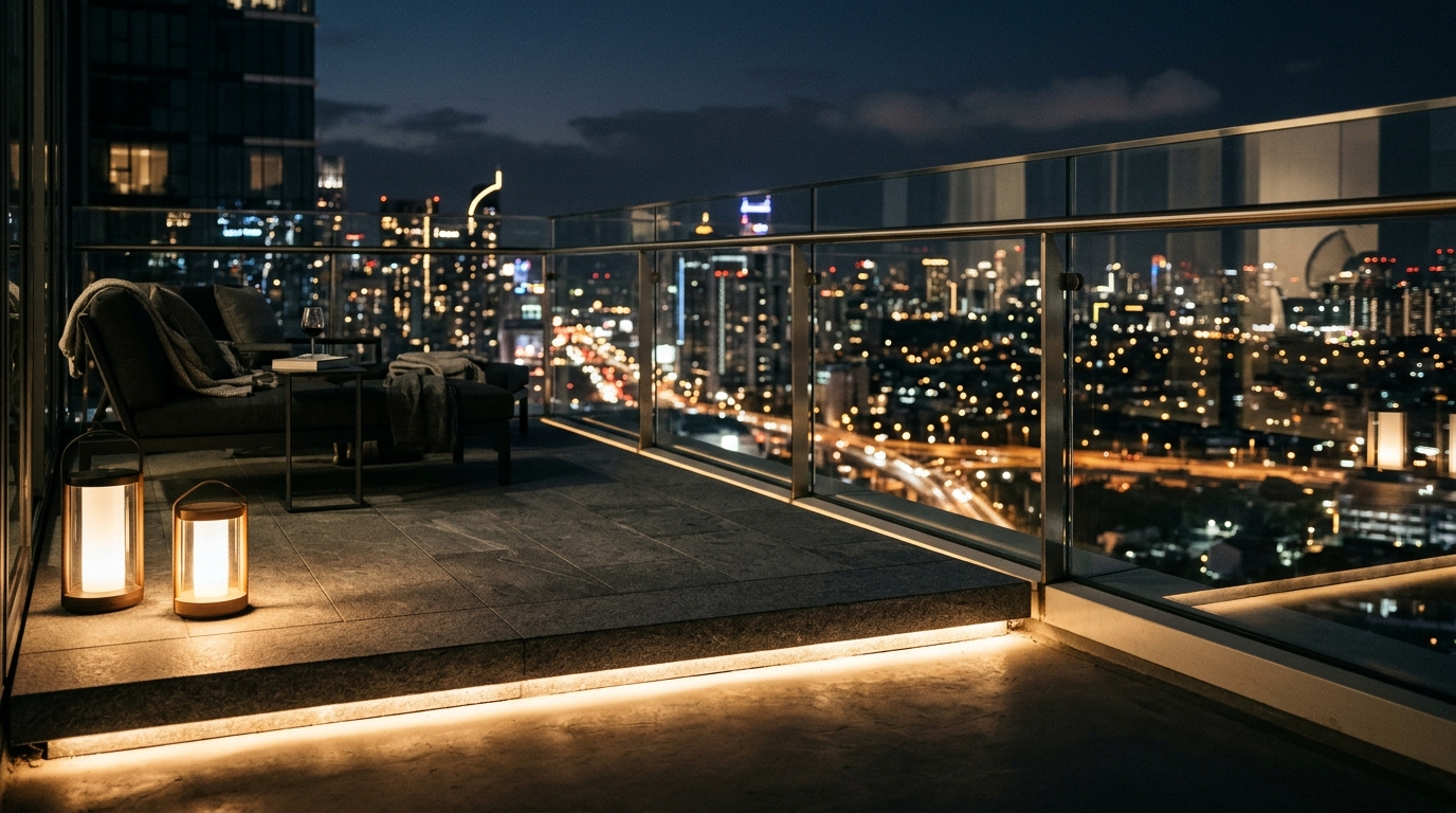 Atmospheric night shot of a balcony illuminated by 2700K warm LED perimeter lighting and portable minimalist lanterns. Atmospheric night shot of a balcony illuminated by 2700K warm LED perimeter lighting and portable minimalist lanterns.