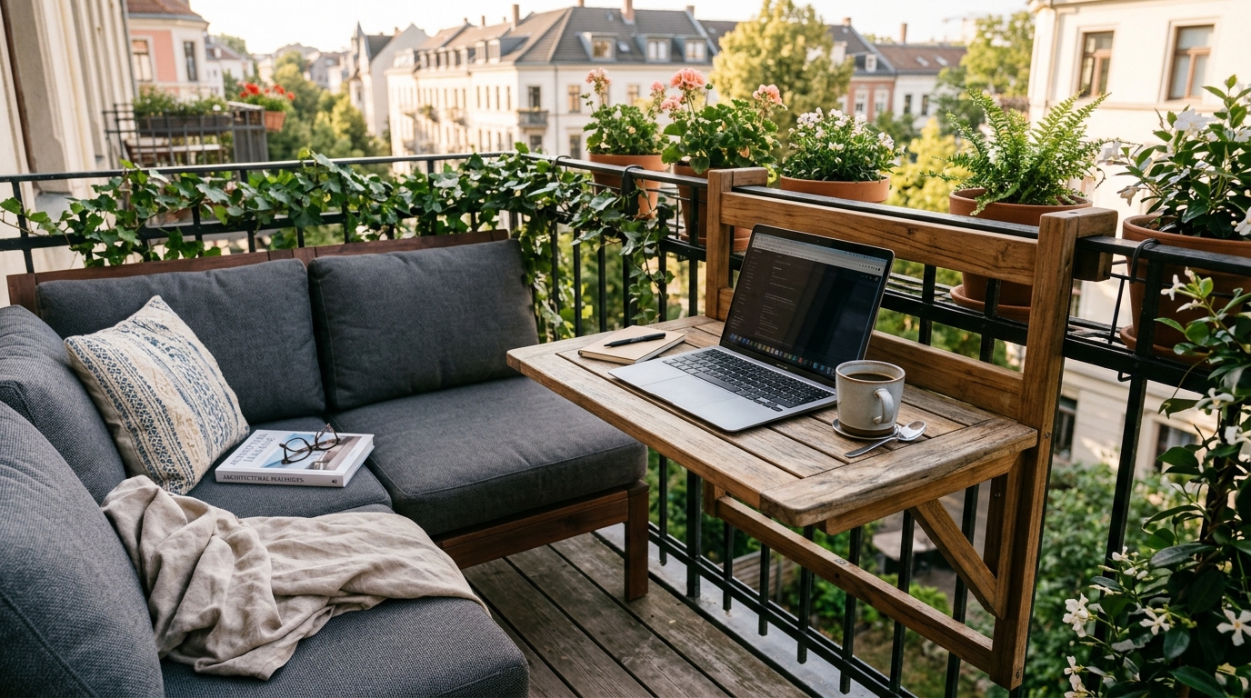 An ergonomic lifestyle shot of a fold-down teak table and a modular corner sofa upholstered in cream weather-resistant linen. An ergonomic lifestyle shot of a fold-down teak table and a modular corner sofa upholstered in cream weather-resistant linen.