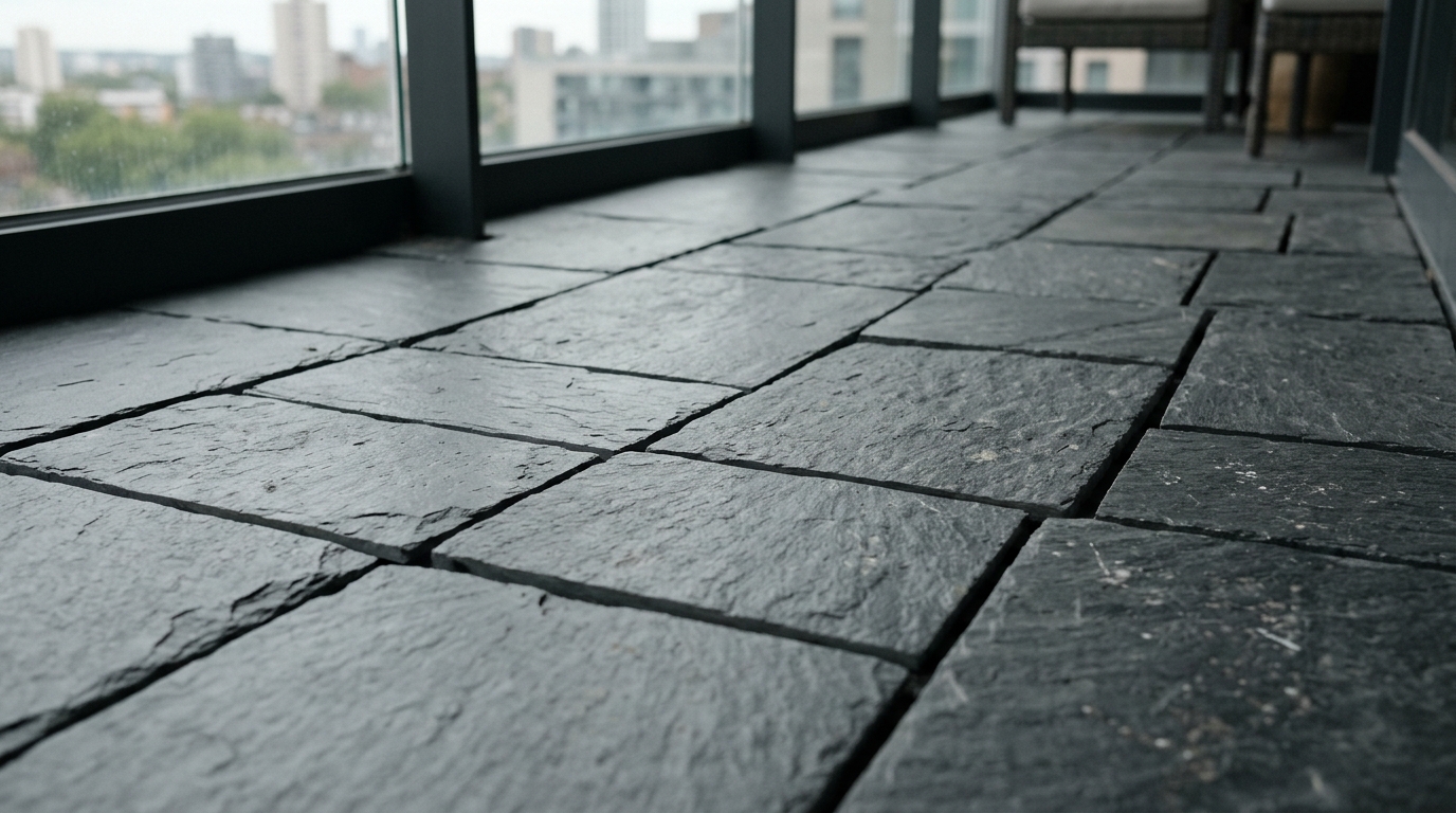 Close-up of interlocking stone balcony tiles in a charcoal slate finish showing the precision of the drainage joints. Close-up of interlocking stone balcony tiles in a charcoal slate finish showing the precision of the drainage joints.