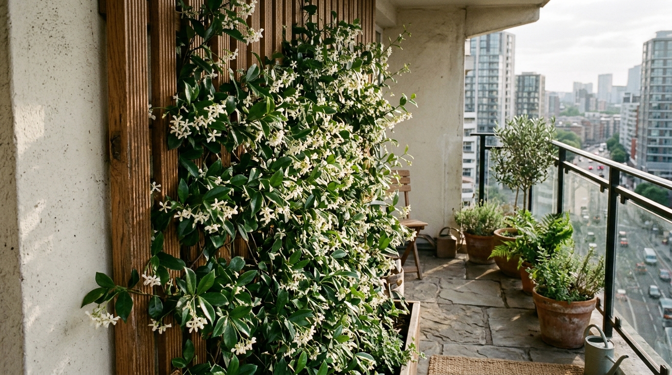 A vertical garden privacy screen featuring star jasmine and custom wood slats on a modern urban balcony. A vertical garden privacy screen featuring star jasmine and custom wood slats on a modern urban balcony.