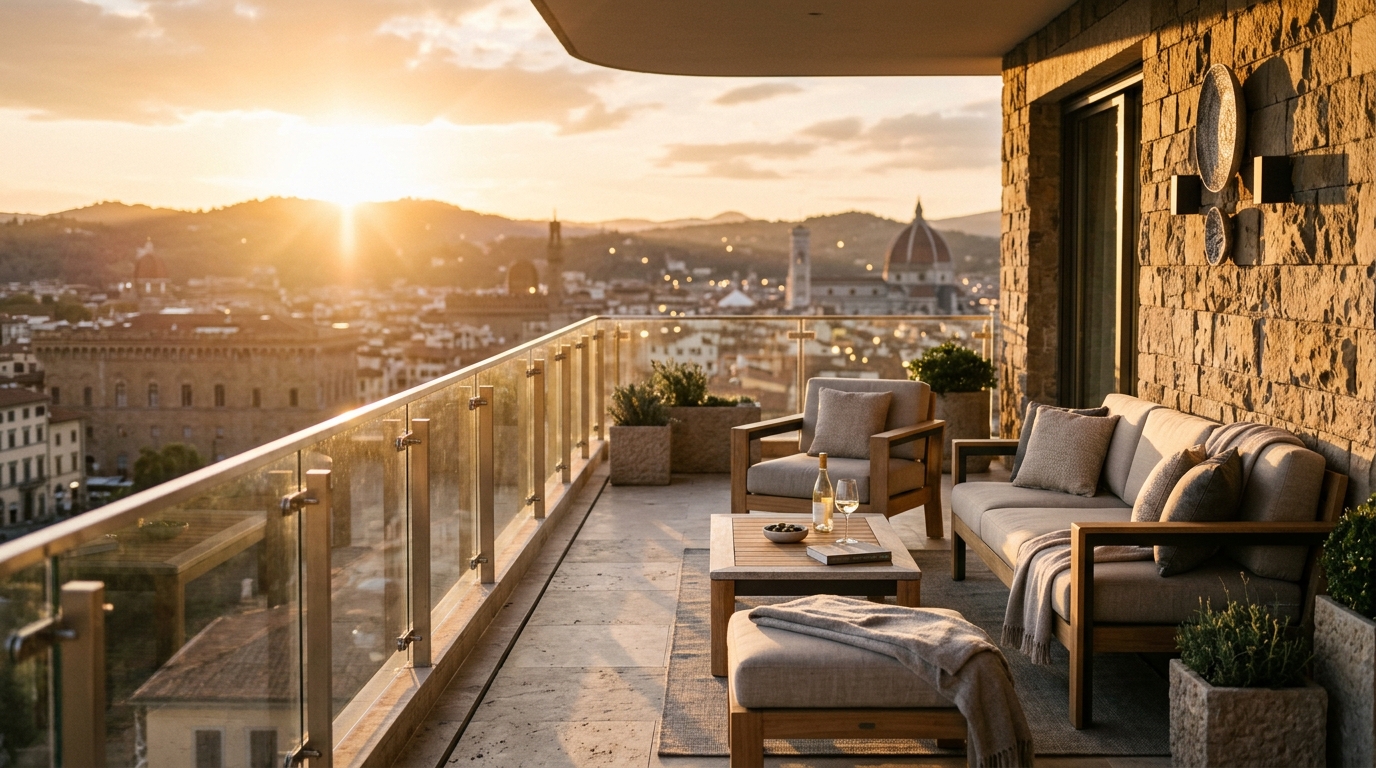 Golden hour sunlight hitting a small patio set made of brushed aluminum and teak, reflecting off stone flooring. Golden hour sunlight hitting a small patio set made of brushed aluminum and teak, reflecting off stone flooring.