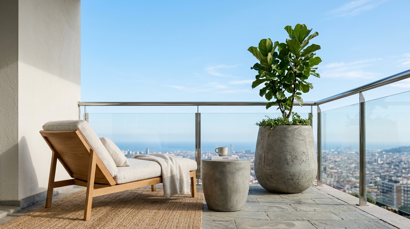 A bird's-eye view of a compact balcony layout emphasizing 'Quiet Luxury' with minimal decor and high-quality materials. A bird's-eye view of a compact balcony layout emphasizing 'Quiet Luxury' with minimal decor and high-quality materials.