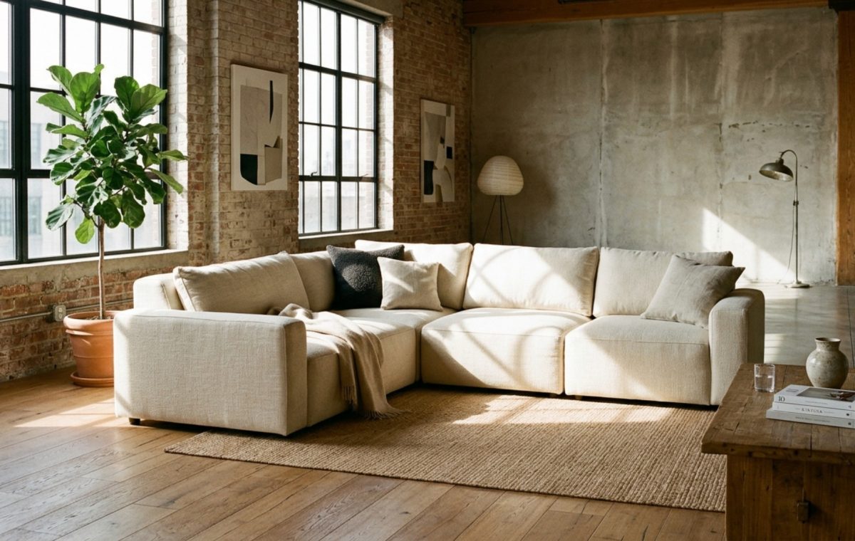 Minimalist modular sofa in cream performance fabric positioned in a sun-drenched living room highlighting best cyber monday couch sales 2025 decor ideas.