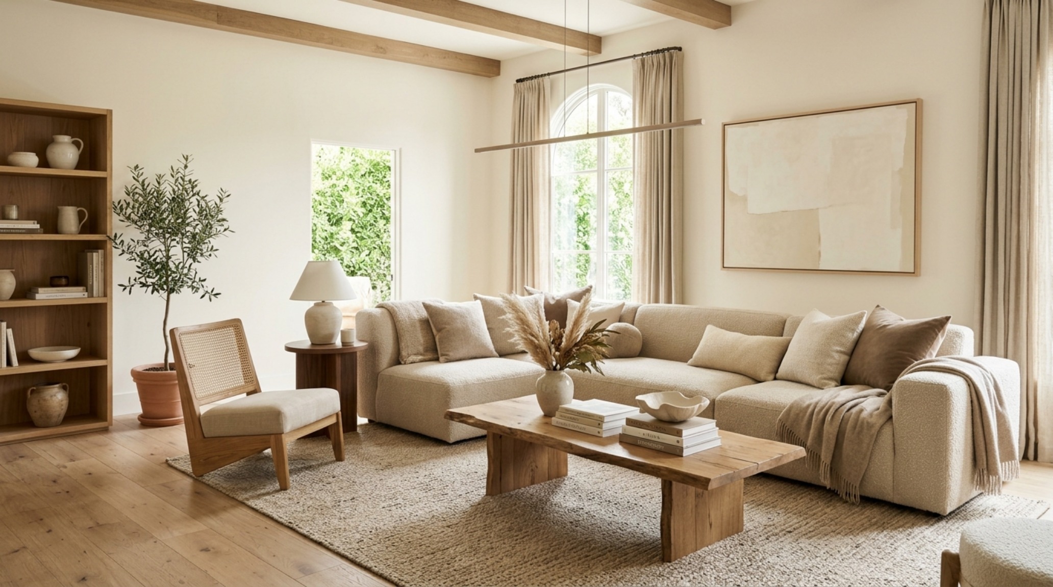 Warm neutral living room featuring Benjamin Moore Swiss Coffee walls and a modular sofa in a rich oatmeal tone.