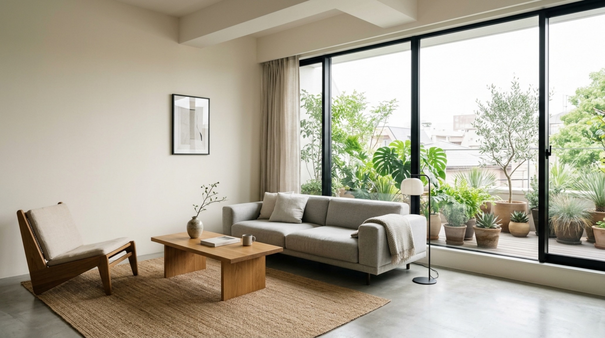 Symmetry and sightlines: A low-profile modular sofa creating an unobstructed view across a compact urban apartment.