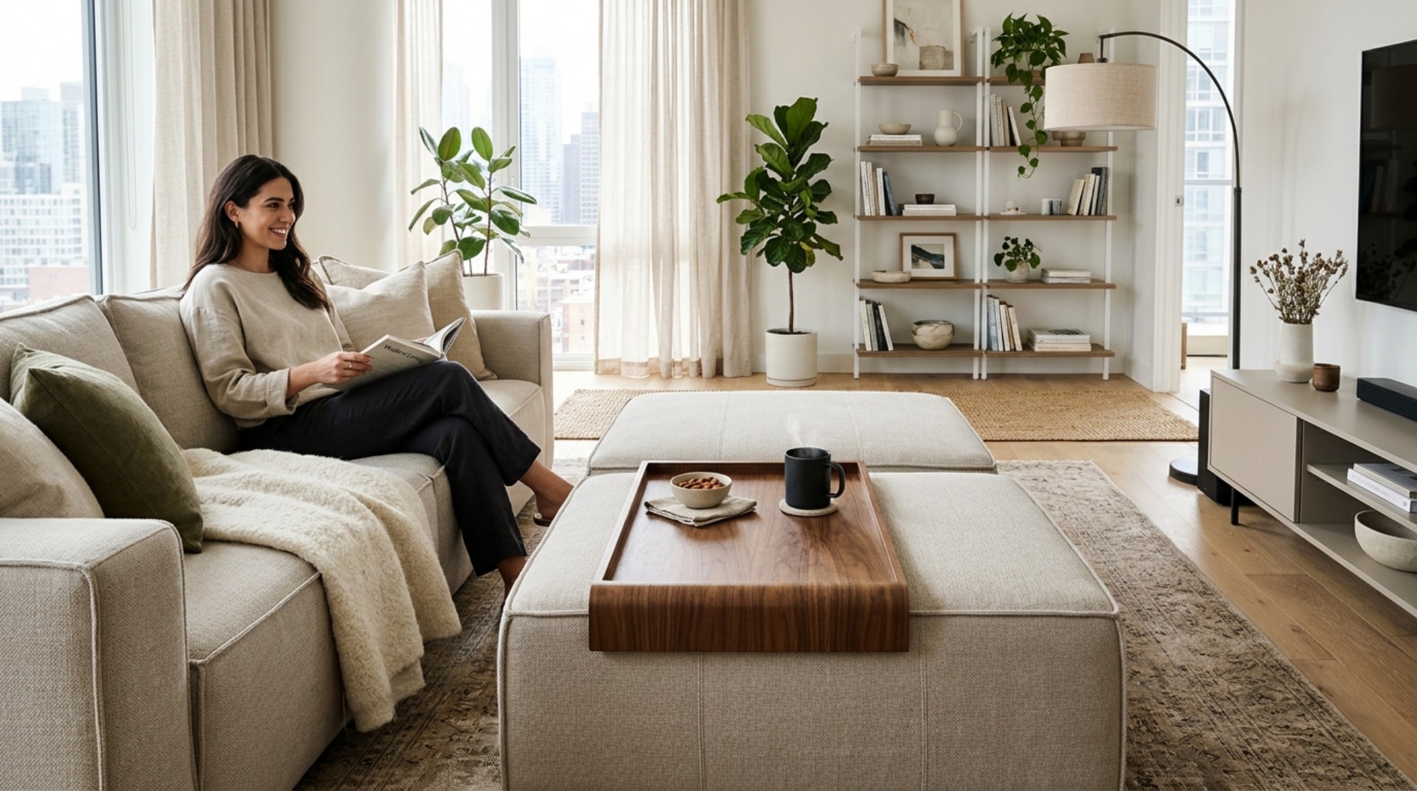 Strategic placement of a modular ottoman used as both a seat and a table, maximizing utility in a small footprint.
