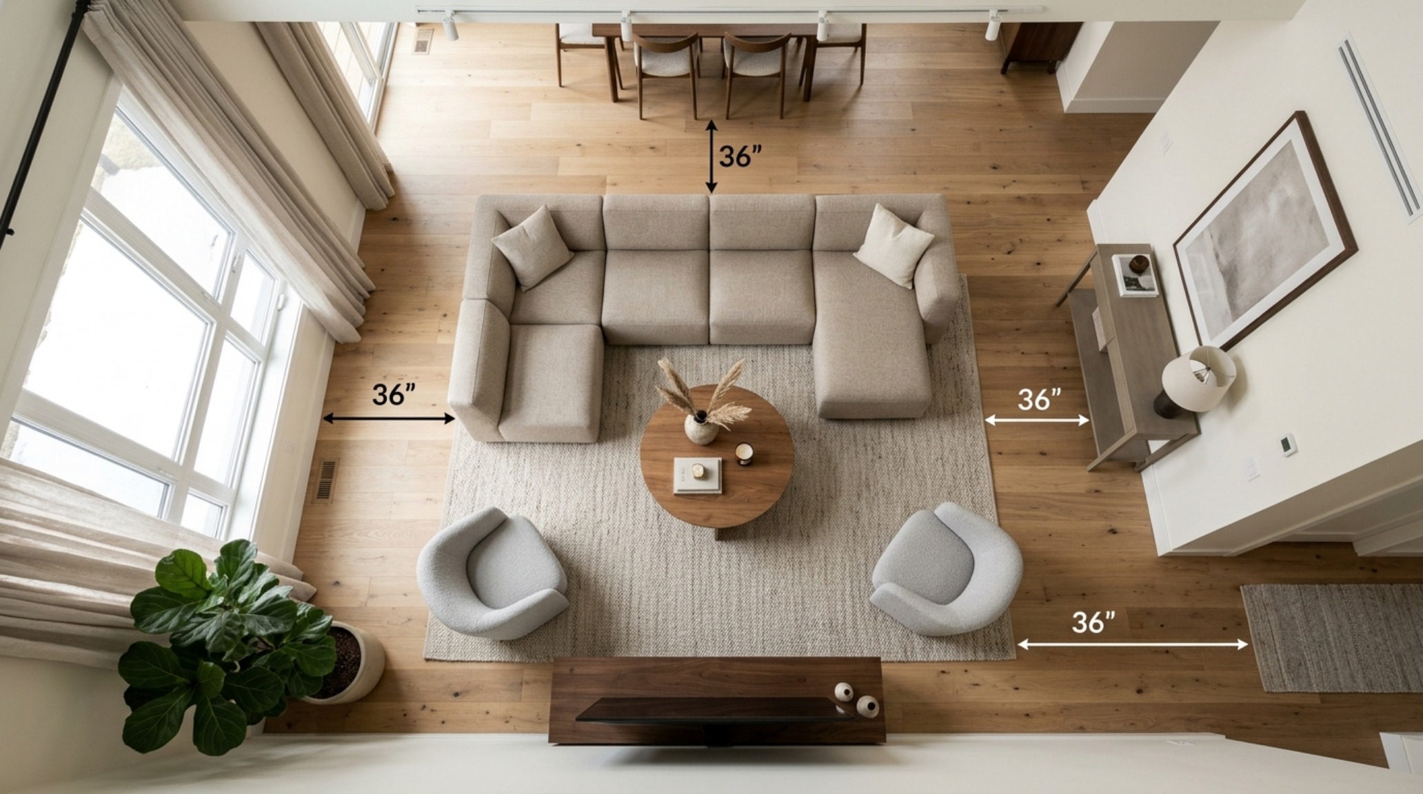 Architectural floor plan view showing 36-inch walkway clearances around a modern modular sectional with low-profile design.