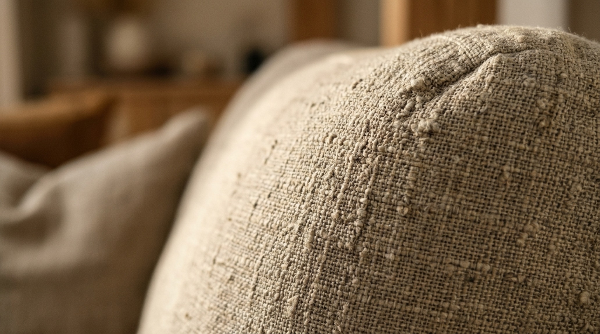 Close-up of slubbed linen texture on a modular sofa module with high-CRI warm 2700K lighting emphasizing the weave.