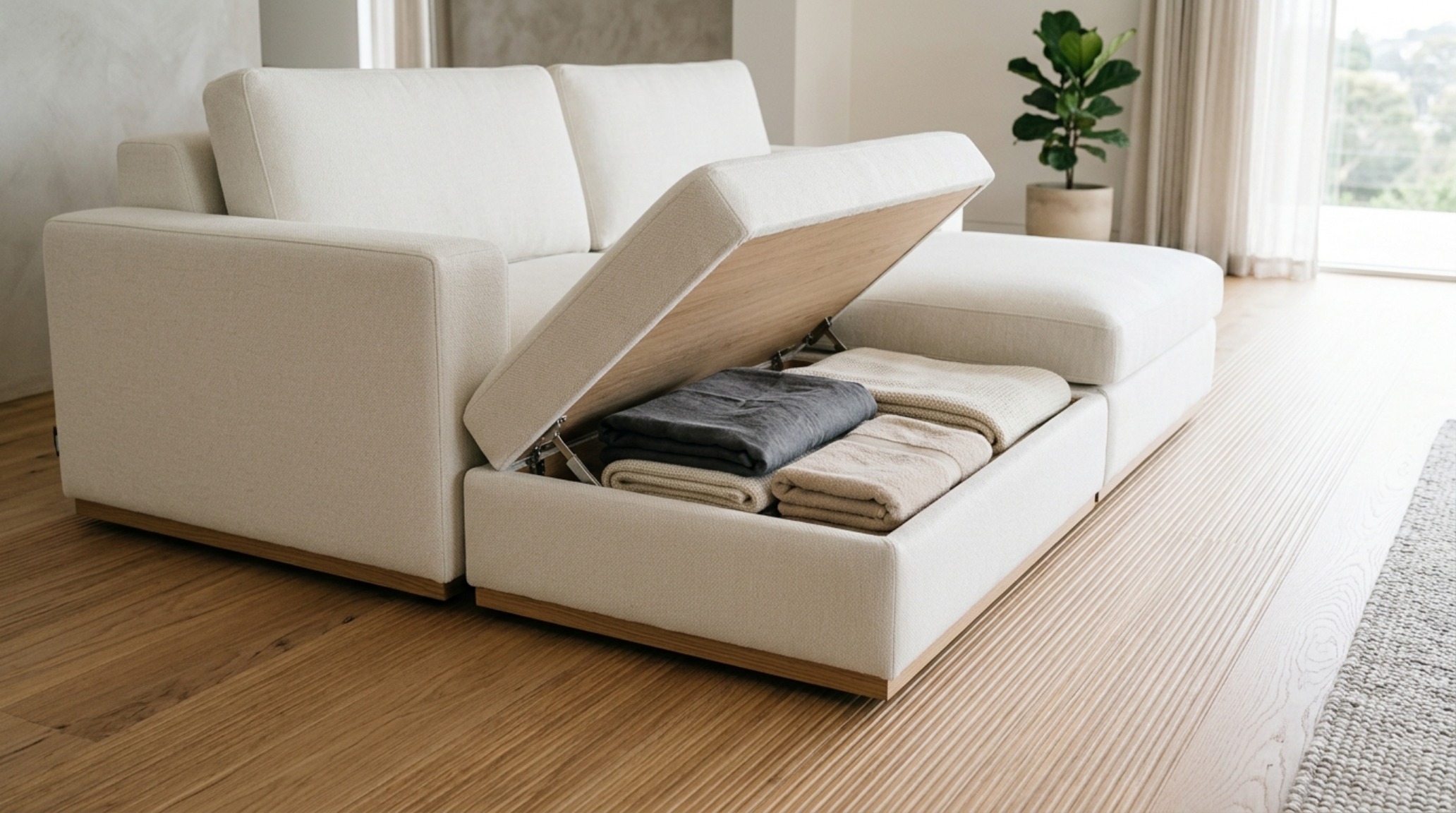 A transformer modular sofa with hidden storage module open, showcasing ergonomic space-saving solutions for 2025.