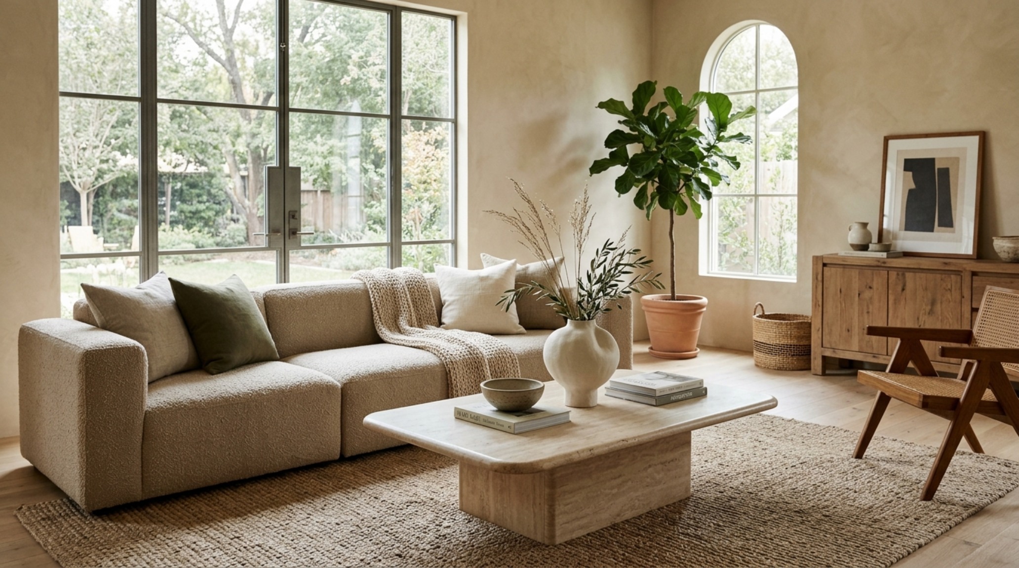 Modern living room with a cloud couch dupe styled with organic textures and a honed travertine coffee table at 18-inch reach.