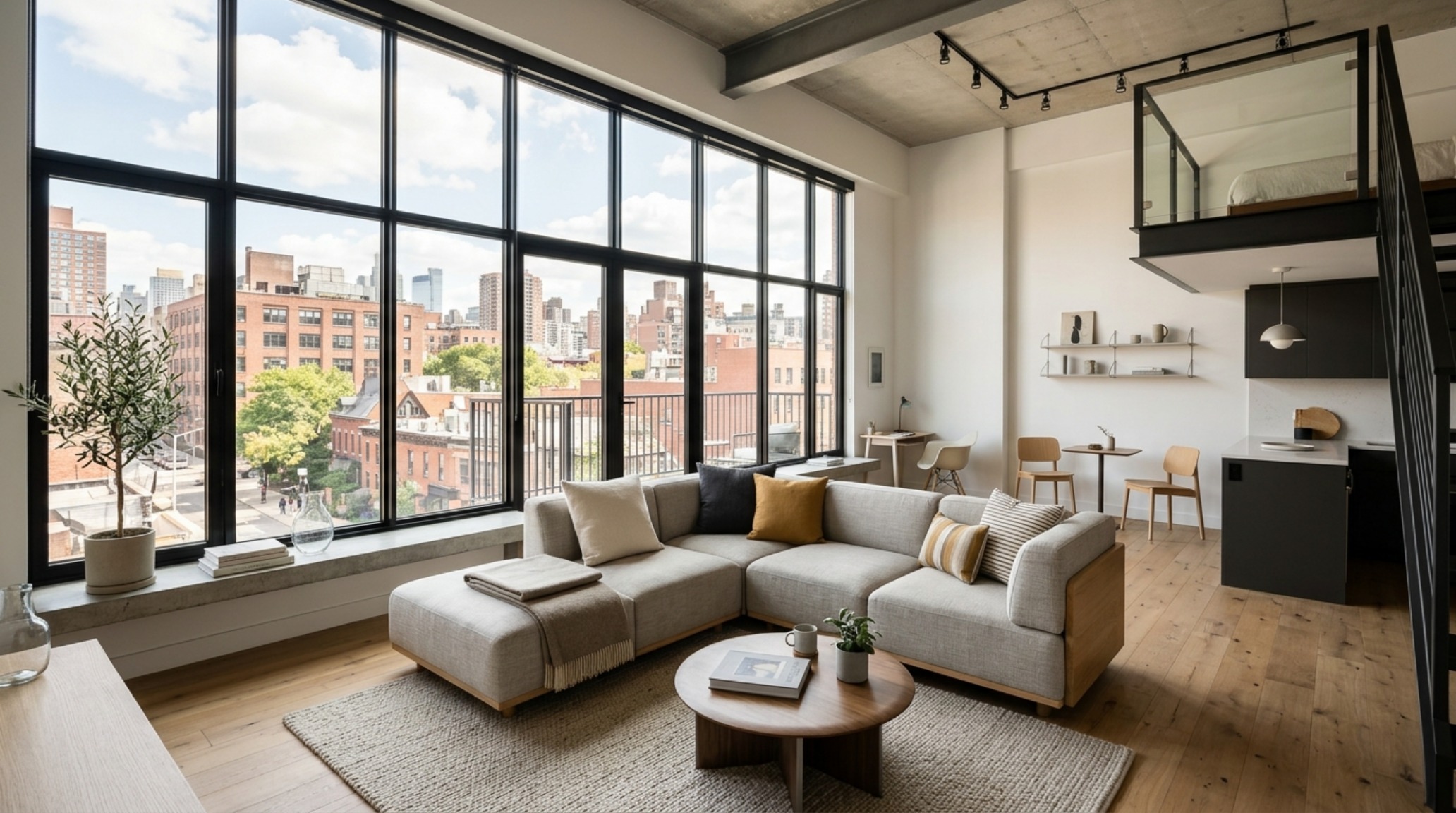 Wide-angle shot of a high-end furniture deal sofa in a limewash-walled studio with fluted white oak accents.