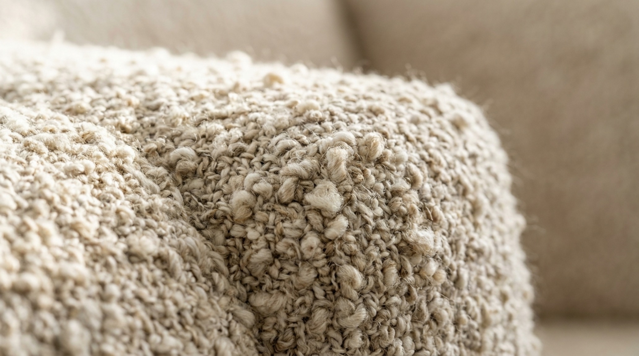 Macro detail of a high-performance bouclé fabric on a modular armrest with soft afternoon directional sunlight.