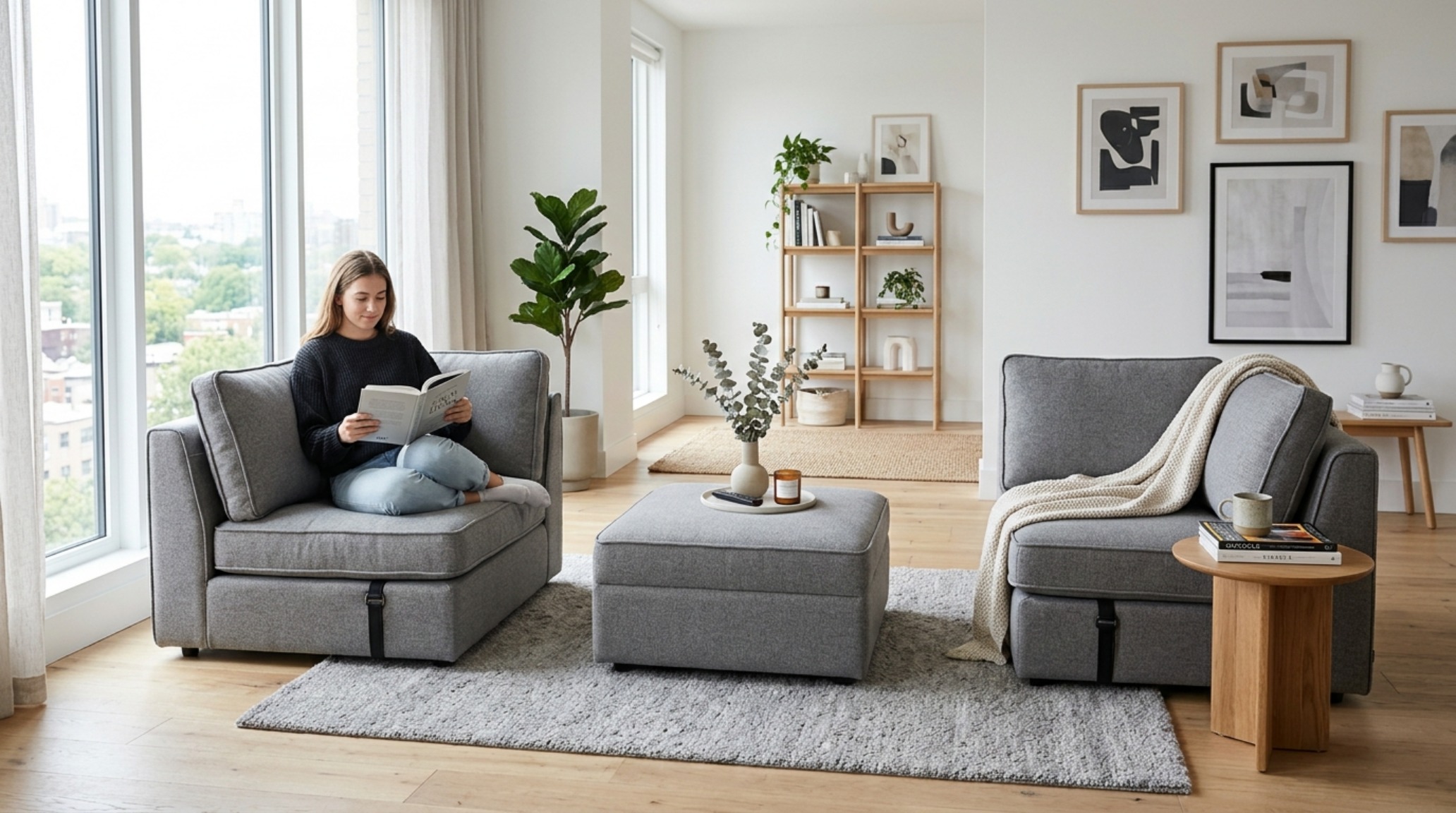 Minimalist living room layout showing an armless slipper chair module separated for flexible social seating.