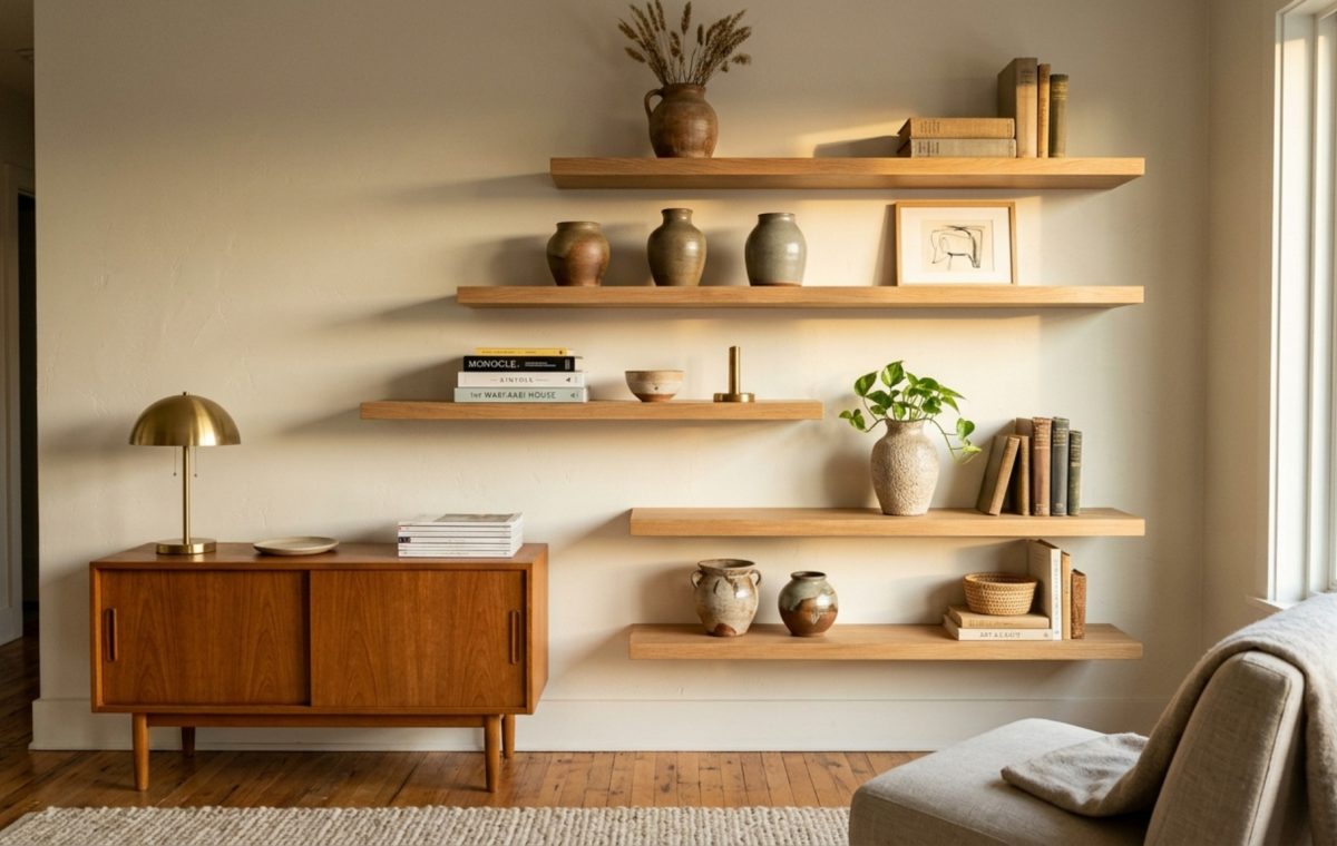 A serene living room featuring asymmetrical floating oak shelves styled with vintage pottery and art books against a creamy white wall, reflecting Nate Berkus design principles.