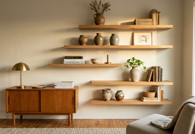 A serene living room featuring asymmetrical floating oak shelves styled with vintage pottery and art books against a creamy white wall, reflecting Nate Berkus design principles.