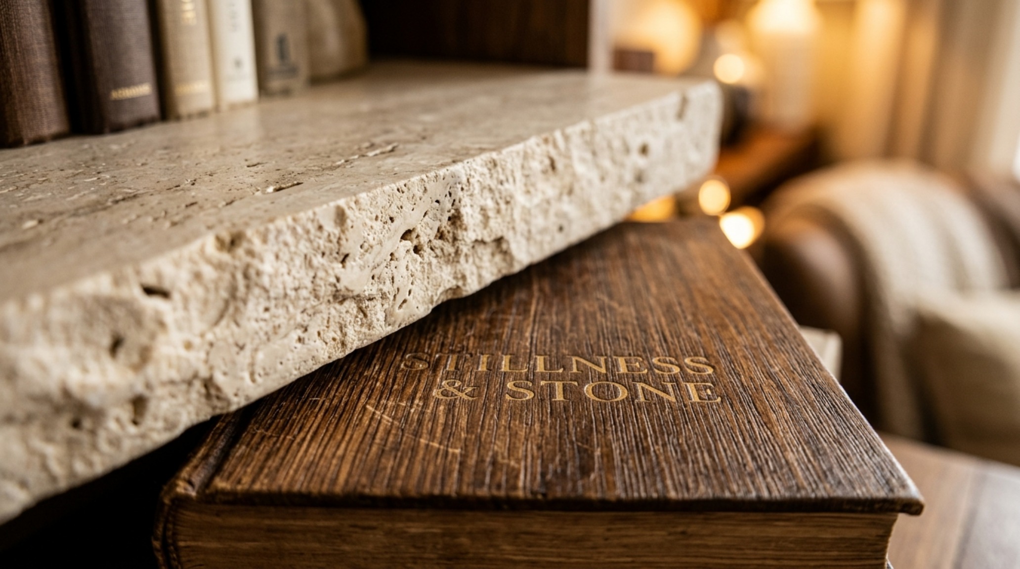 Detailed shot of tactile materials including a honed travertine bookend and leather-bound journals on a minimalist wood wall shelf with warm directional lighting.