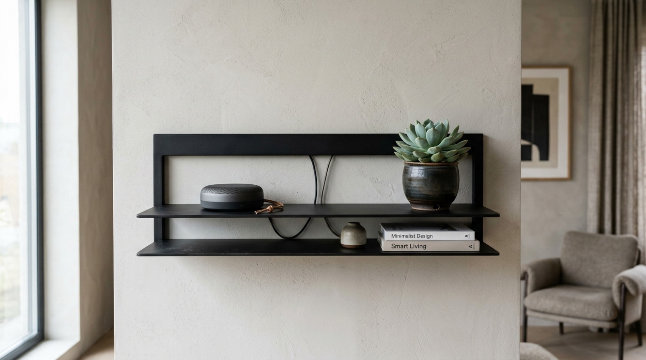 A modern living room showing integrated tech storage with concealed cord management on a deep floating shelf used as a streamlined media console.