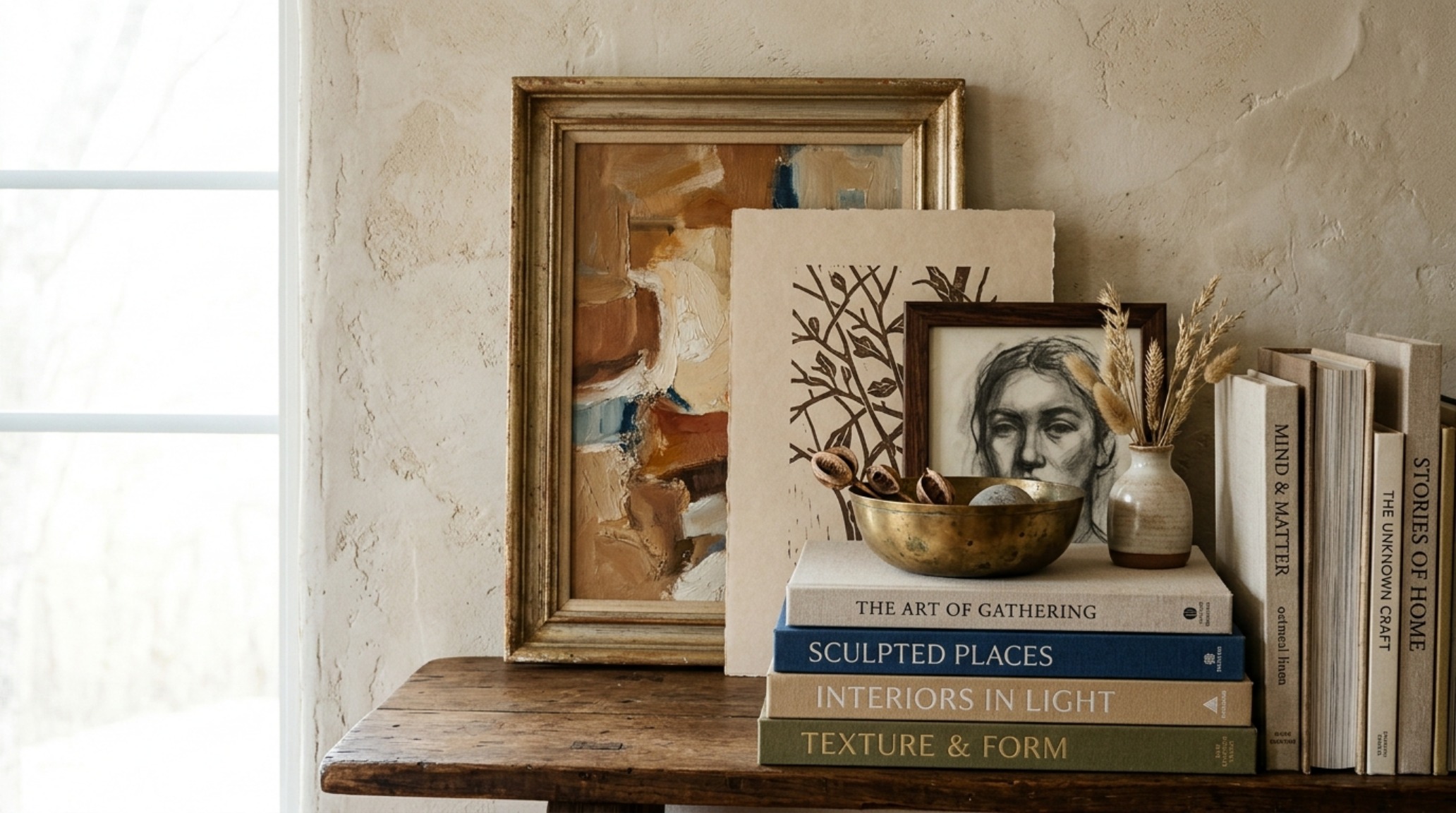 Close-up of a perfectly styled shelf corner illustrating 'Bookshelf Wealth' with layered artwork, brass accents, and intentional negative space.