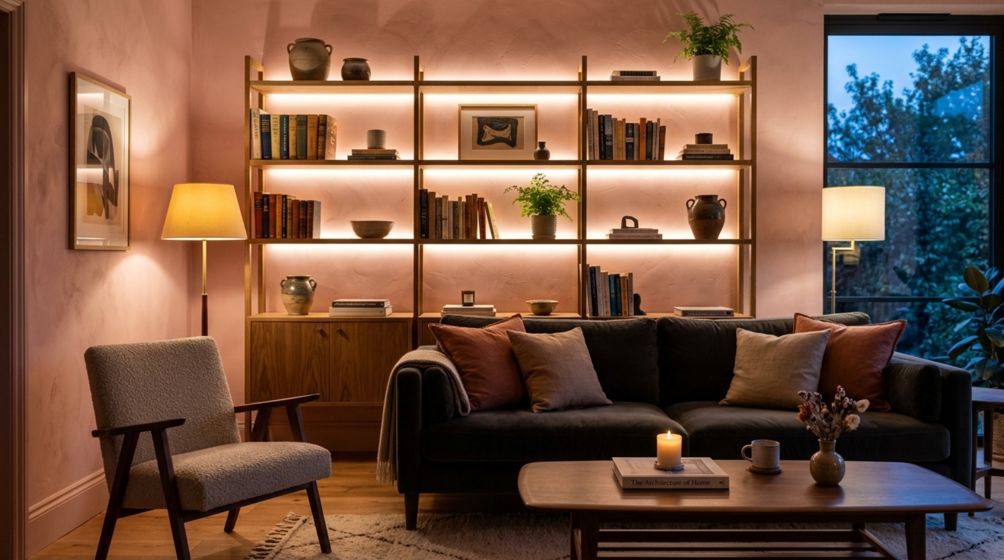 Wide-angle shot of a minimalist living room with wood wall shelves, showcasing an organic modern aesthetic with 2700K warm ambient light and soft shadows.