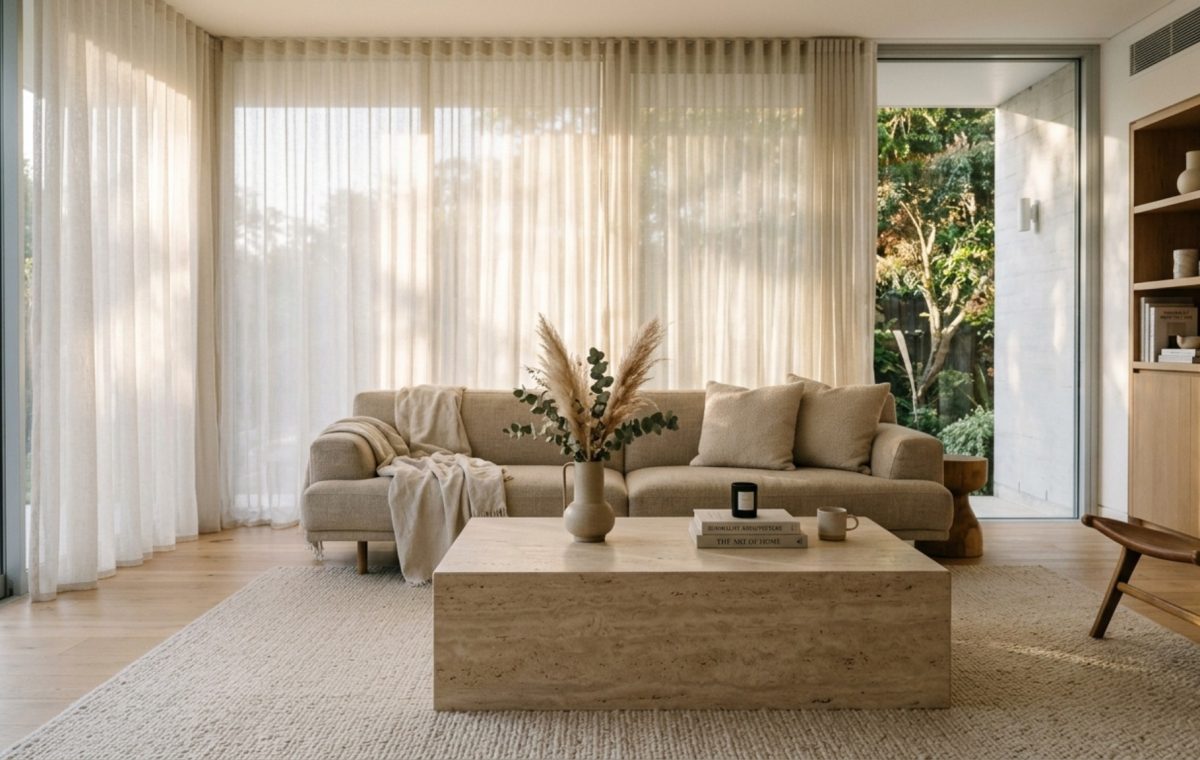 Modern minimalist living room layout featuring a low-profile linen sofa and a monolithic travertine coffee table with 18-inch clearance for ergonomic flow.