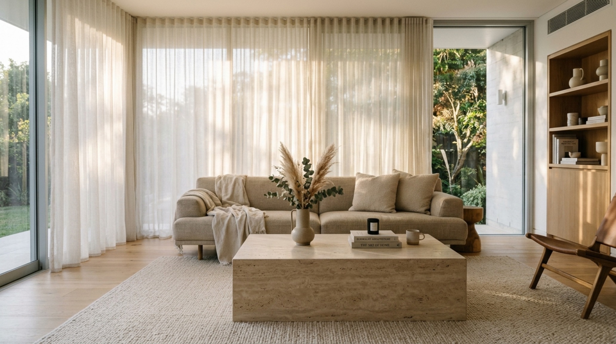 Modern minimalist living room layout featuring a low-profile linen sofa and a monolithic travertine coffee table with 18-inch clearance for ergonomic flow. Modern minimalist living room layout featuring a low-profile linen sofa and a monolithic travertine coffee table with 18-inch clearance for ergonomic flow.