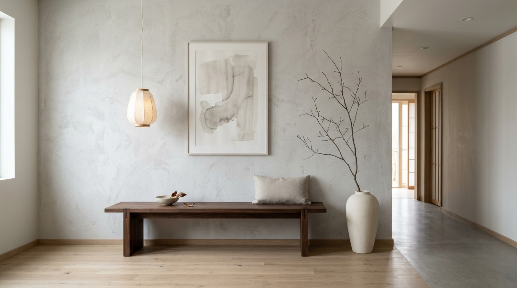Japandi style furniture trends incorporating a paper lantern pendant light and a minimalist dark wood bench in an airy entryway. Japandi style furniture trends incorporating a paper lantern pendant light and a minimalist dark wood bench in an airy entryway.