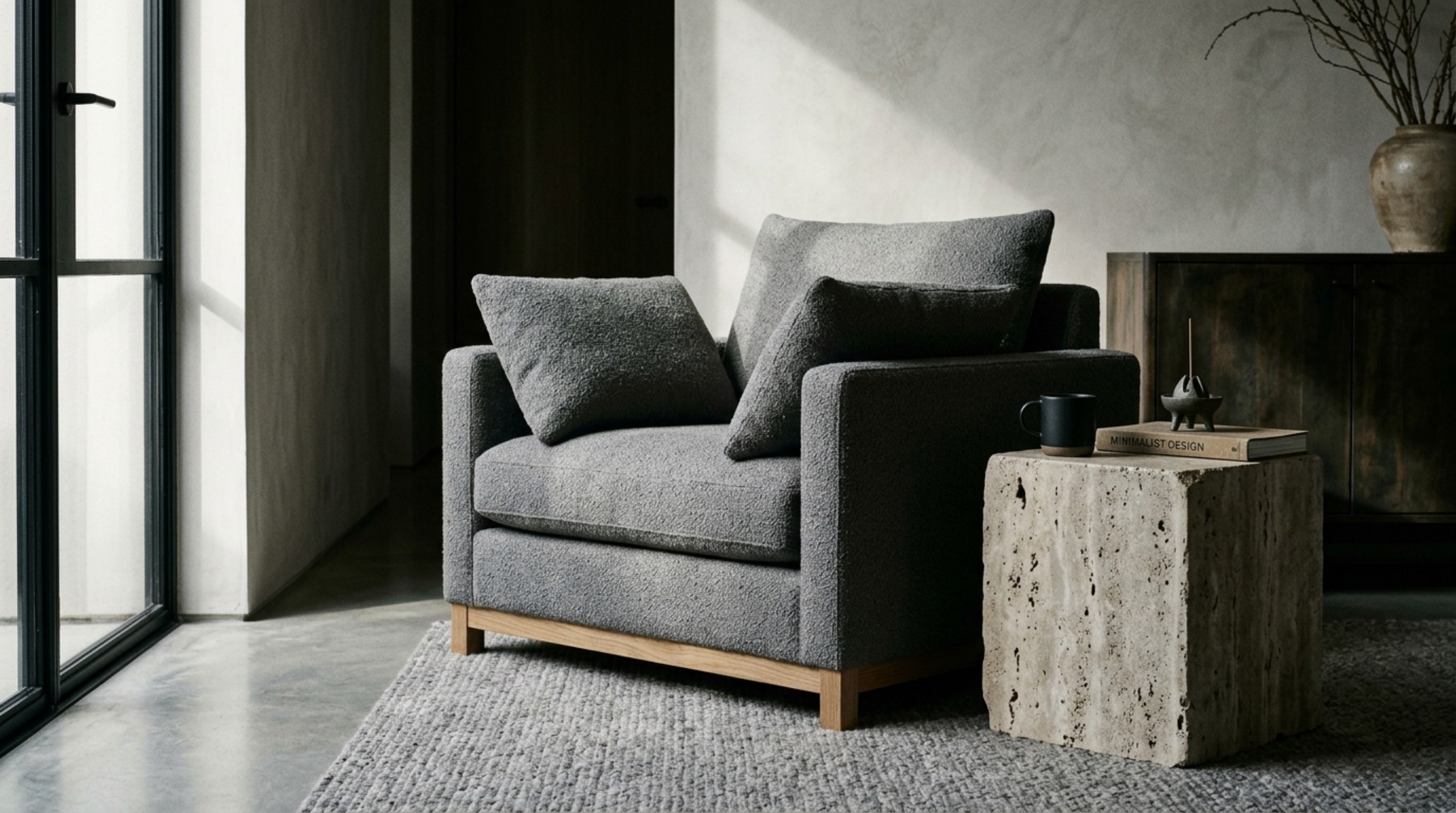 Luxury minimalist furniture sets featuring a bouclé upholstered armchair paired with a custom-carved stone plinth. Luxury minimalist furniture sets featuring a bouclé upholstered armchair paired with a custom-carved stone plinth.
