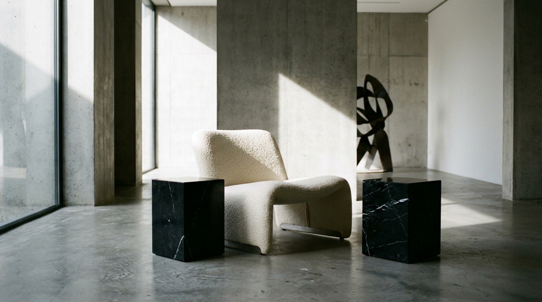 Luxury minimalist furniture sets including a sculptural lounge chair and a honed black marble side table on a textured jute rug. Luxury minimalist furniture sets including a sculptural lounge chair and a honed black marble side table on a textured jute rug.